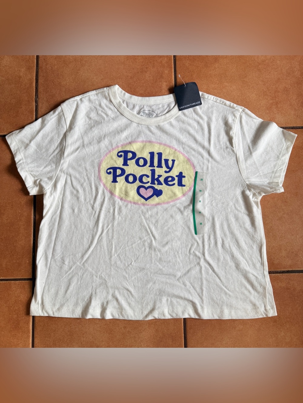 New Polly Pocket Crop Graphic T-Shirt White Cotton Blend Grayson Threads Size M